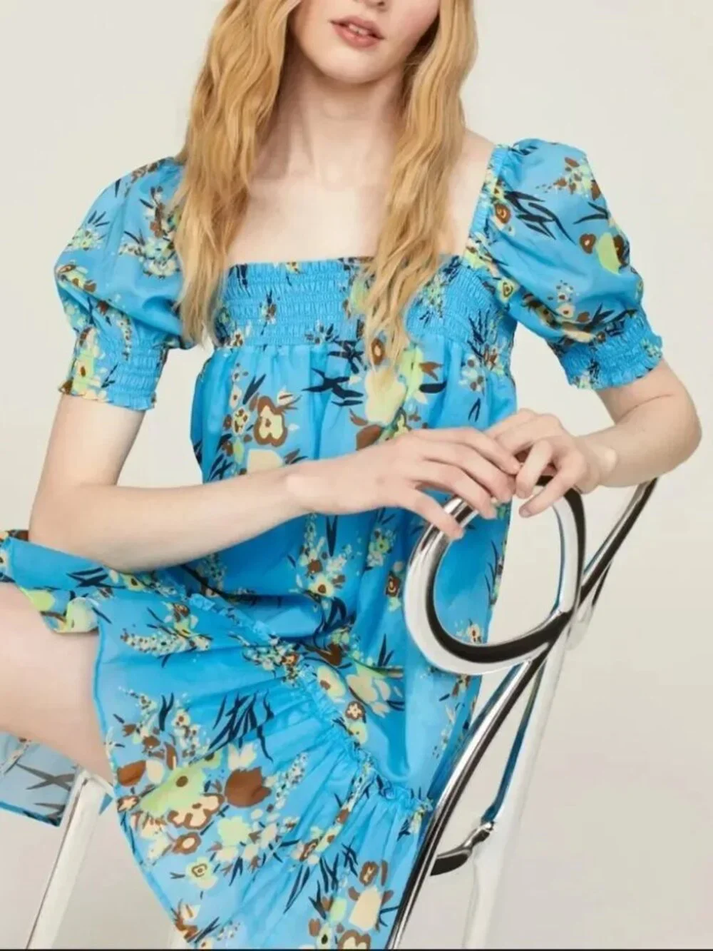 Tory Burch Smocked Mini Dress Blue Floral Babydoll Cotton Cute luxe Sundress M L